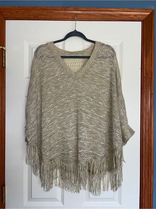 Cotton Emporium Sweaters - Cotton Emporium Beige V‑Neck Fringe Sweater Poncho